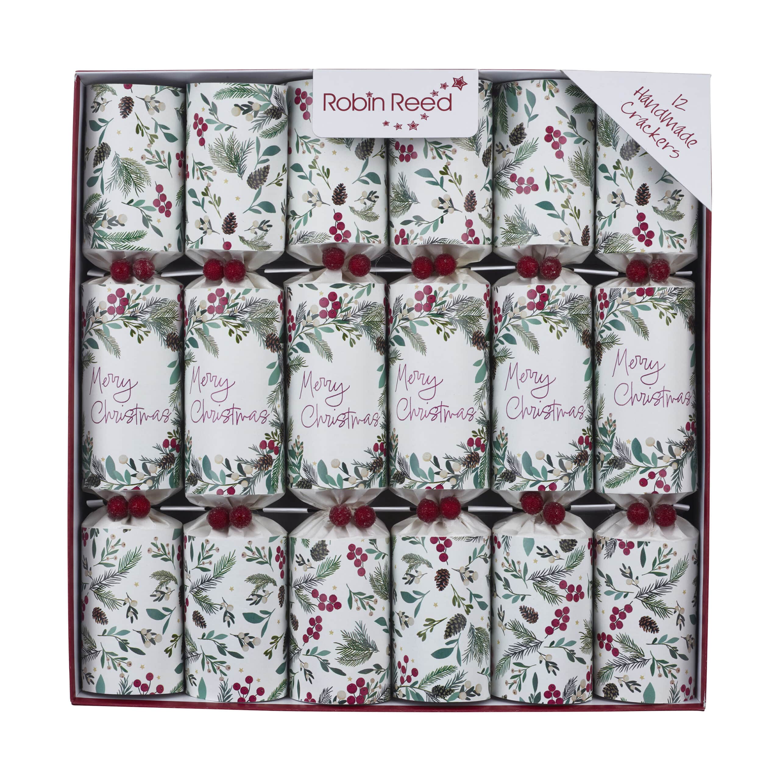 Box of 12 Christmas crackers with festive holly and berry wrapping, 'Merry Christmas' text visible on wrappers.